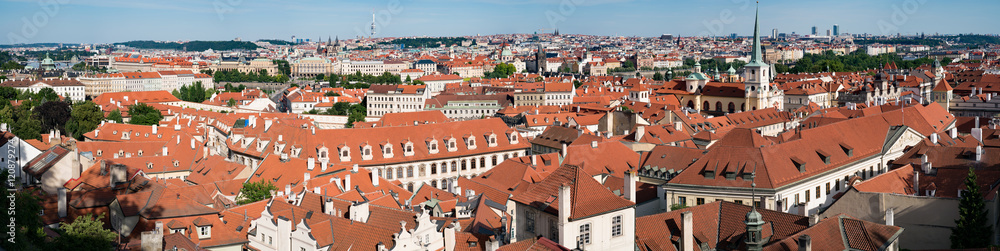 Roof of European city covered with red tiles