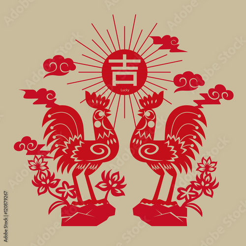Chinese rooster auspicious paper-cut pattern. Chinese character means "Lucky"