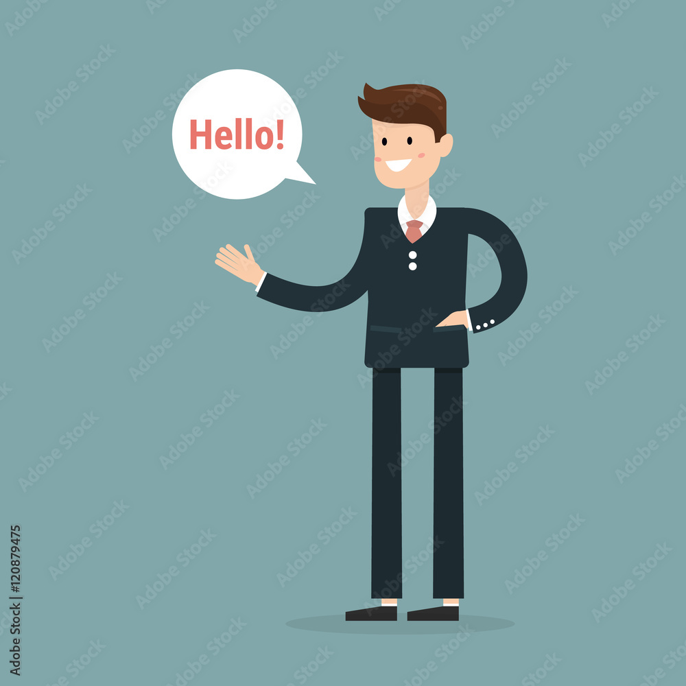 Successful young businessman character saying hello with speech Successful young businessman character saying hello with speech