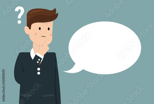 Thinking man with question mark. Cartoon vector illustration of