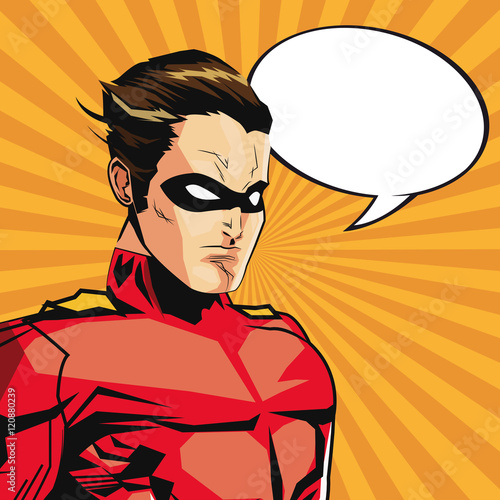 Superhero man cartoon with uniform and bubble icon. Comic power costume and hero theme. Colorful design. Striped background. Vector illustration