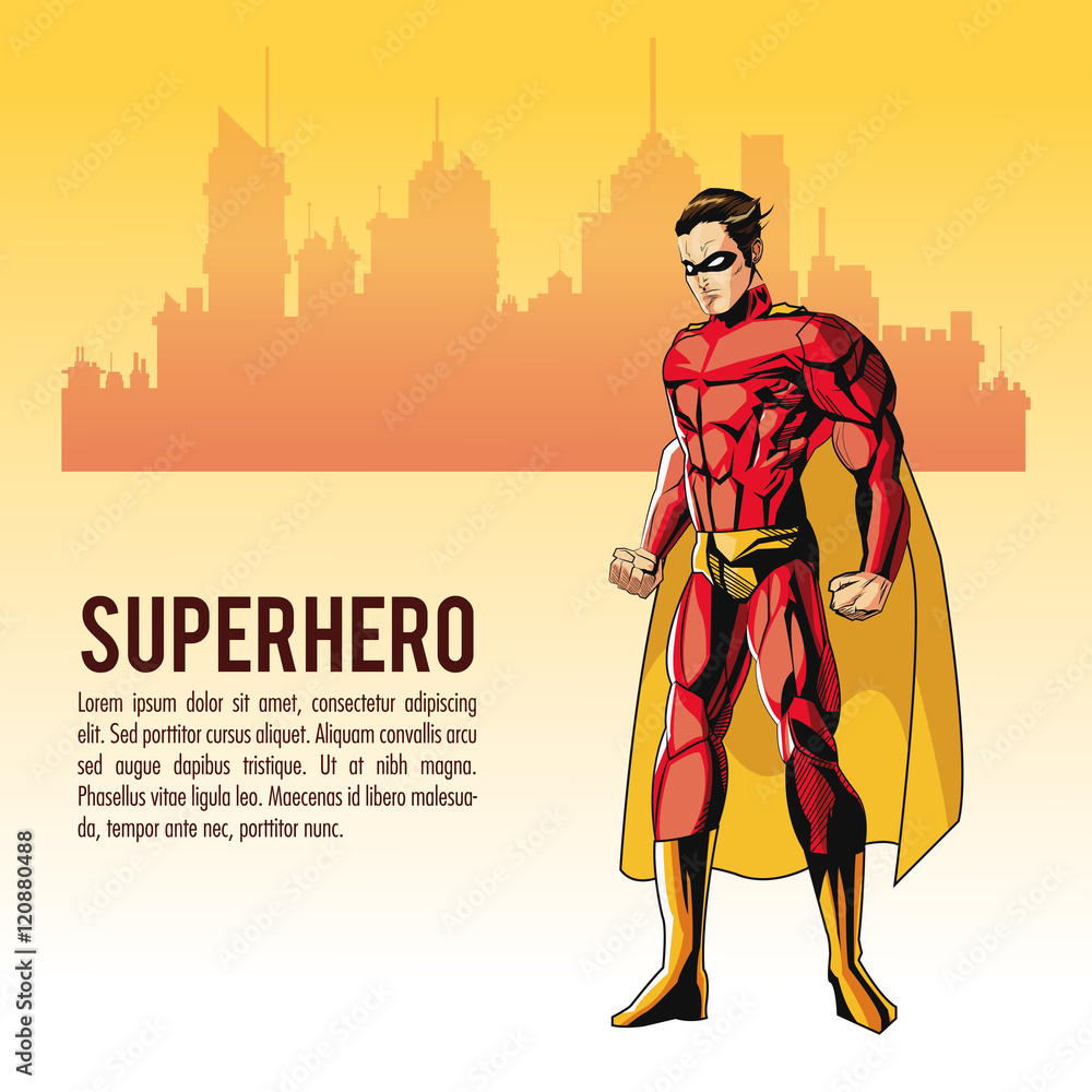 Superhero man cartoon with uniform icon. Comic power costume and hero theme. Colorful design. City silhouette background. Vector illustration Superhero man cartoon with uniform icon. Comic power costume and hero theme. Colorful design. City silhouette background. Vector illustration