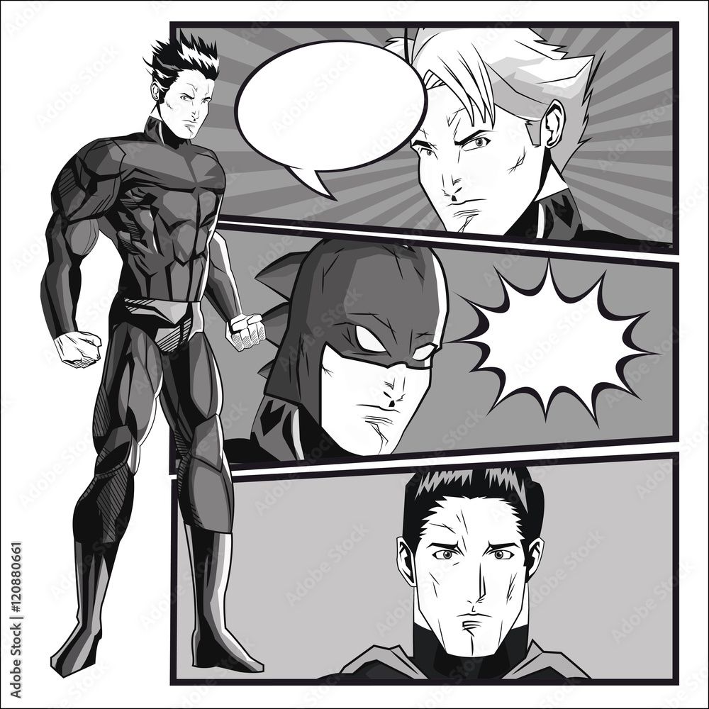 Superhero man cartoon with uniform icon. Costume and hero theme. Black and  white design. Comic background. Vector illustration Stock Vector | Adobe  Stock