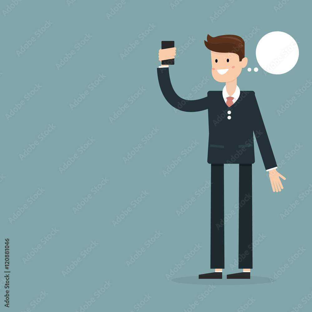 Businessman playing with phone, flat design