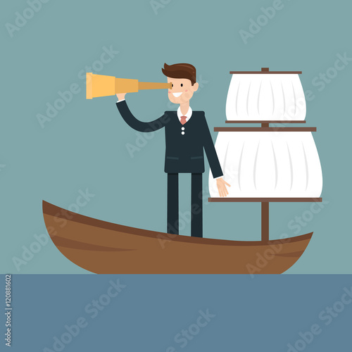 vision leadership - Businessman with a spyglass on a boat