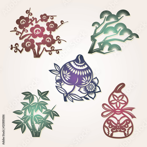 Chinese lucky symbols:peach (longevity); gourd (exorcise evil spirits); bamboo, plum flower, pine (three friends of Winter: symbols of resilience, perseverance)