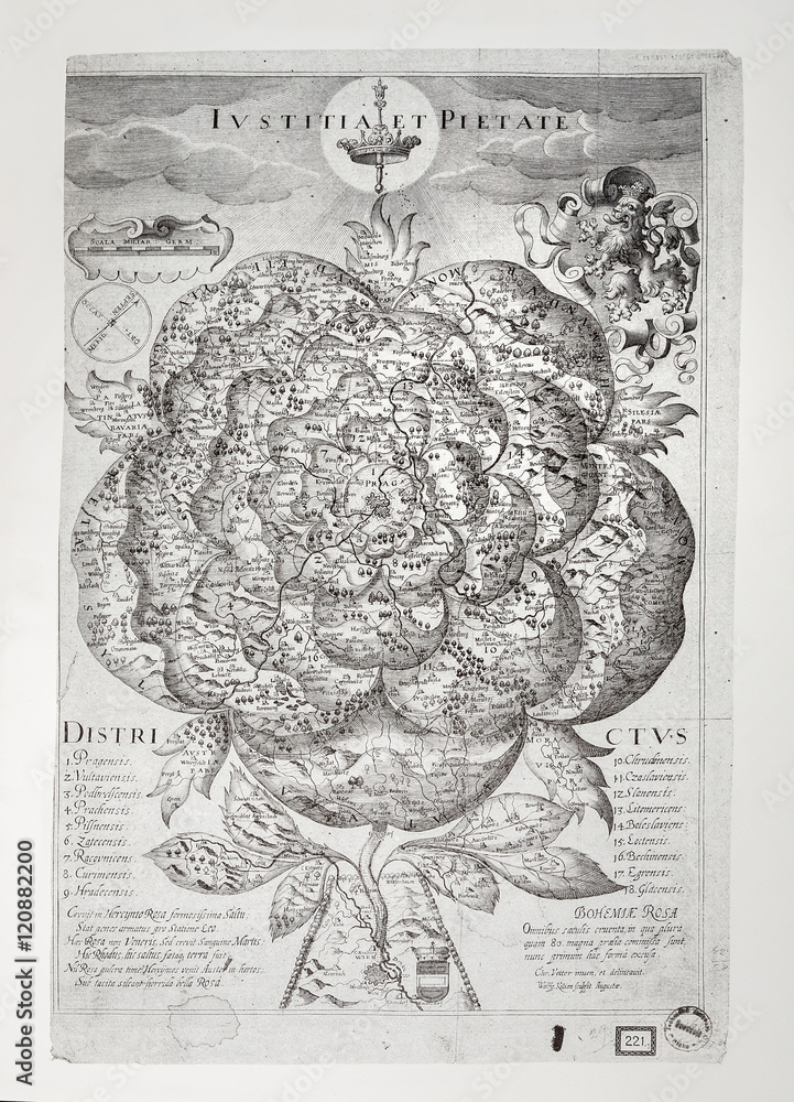 Fototapeta premium Map of Bohemia from 1668 in the form of a rose, Bohemia Rosa drawn by Kristian Vetter