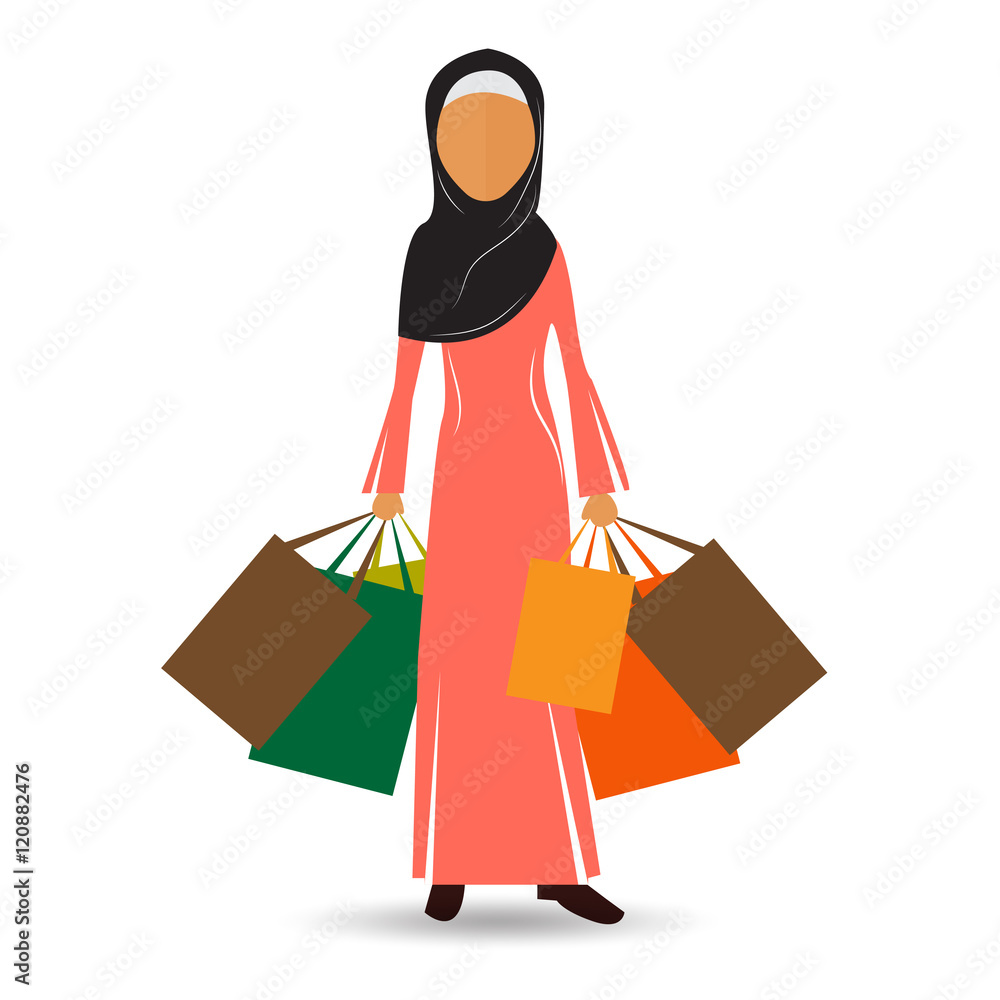 Muslim Woman Hold Shopping Bags Flat Vector Illustration Muslim Woman Hold Shopping Bags Flat Vector Illustration