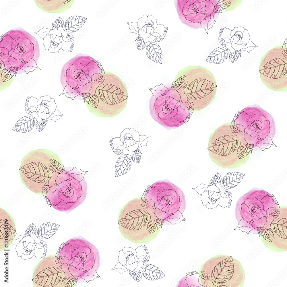 Seamless pattern with stylized roses on vintage background with watercolor stains.
