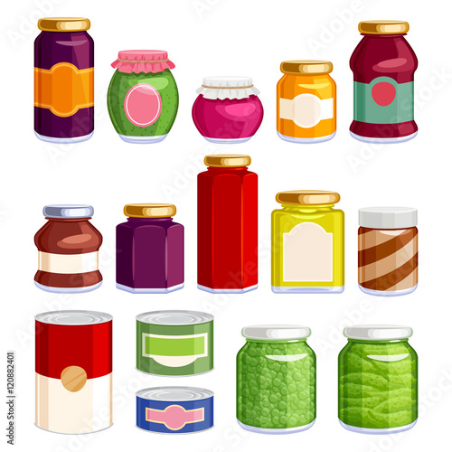 Preserved food in jars and cans.