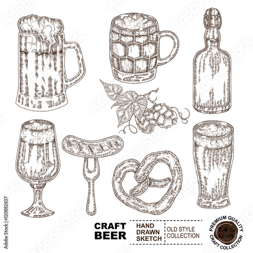 Beer set vintage sketch style. Hand drawn bottle, beer glass, hops