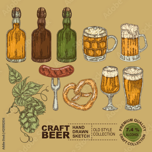 Beer set vintage full color sketch style. Hand drawn bottle, beer