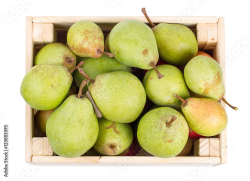 Wooden box full of fresh pears isolated on a white