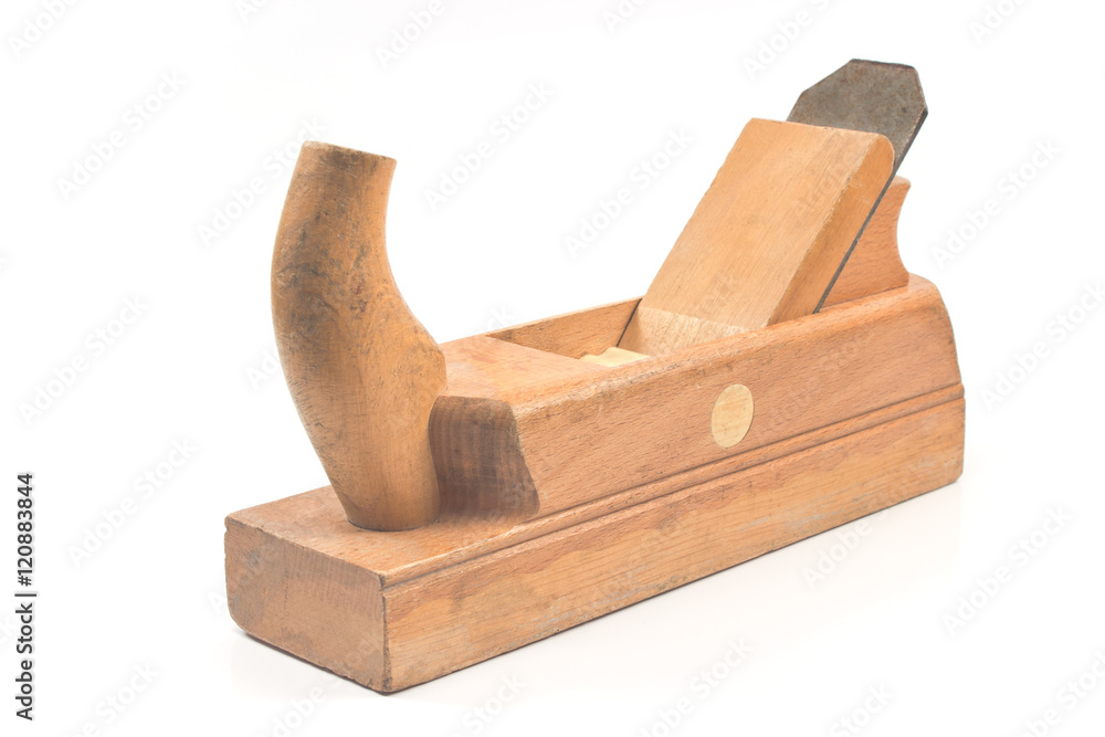 Plane old wooden jointer tool isolated on white Plane old wooden jointer tool isolated on white