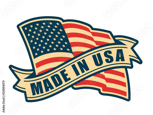 Made in USA (United States of America). Composition with American flag and ribbon in vintage style and colors.