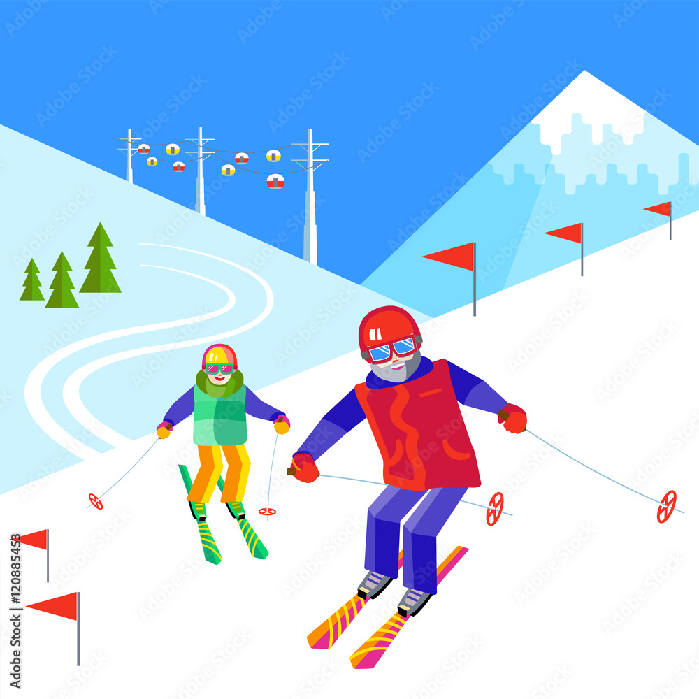 Portrait of a father and child having fun in the snow at the ski resort. Flat vector funny people are resting on top of the mountain. Skiers family - daddy and daughter or son skiing.