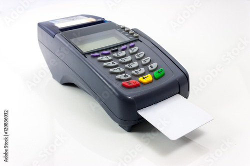 Connect Card Payment terminal isolated on white. Front panel texture for your object