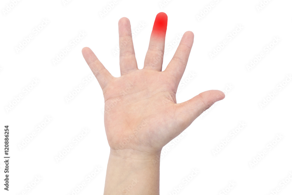 Boy's hand with a red middle finger Boy's hand with a red middle finger