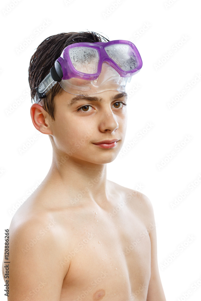 Boy in swimming mask with portrait, isolated on white Boy in swimming mask with portrait, isolated on white