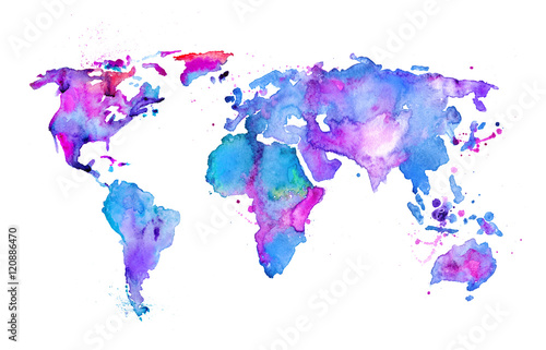 Obraz na plátně Watercolor map of the world isolated on white
