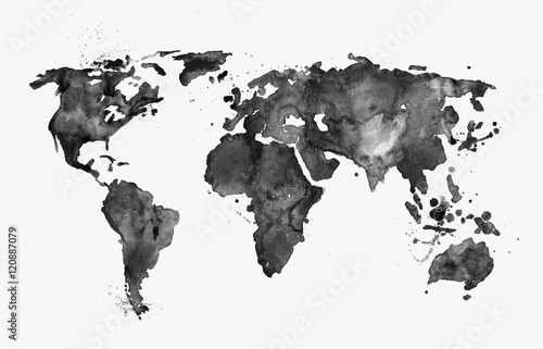 Obraz na płótnie Ilustrowana mapa świata wykonana czarną akwarelą na białym tle 