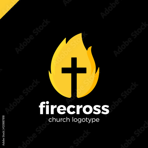 Modern Christianity cross in fire or flame symbol in negative space.