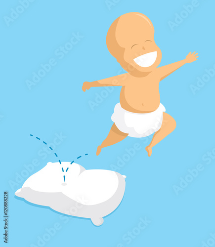 Smiling baby jumping over pillow
