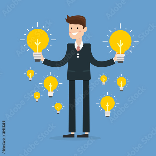 Dilemma of businessman. Thinking man with idea bulbs.