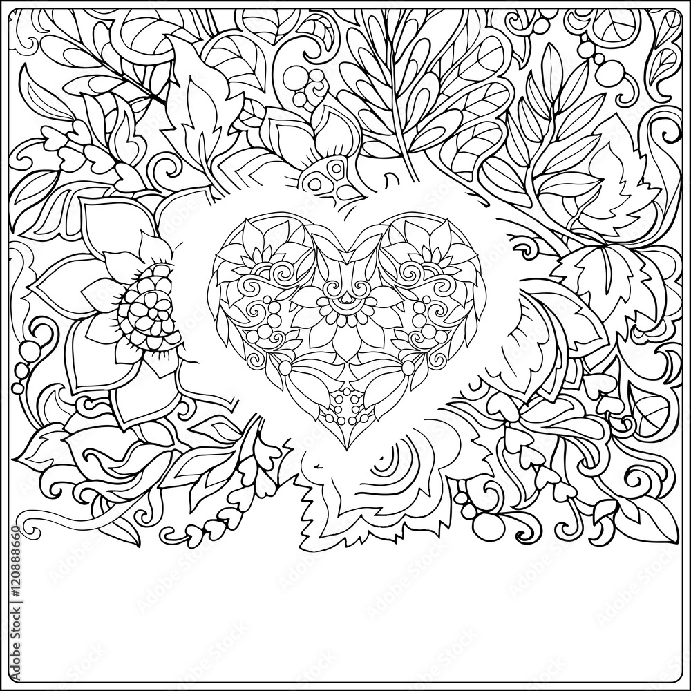 Hand drawn floral decorative love Heart on floral pattern background.  Adult coloring book.
