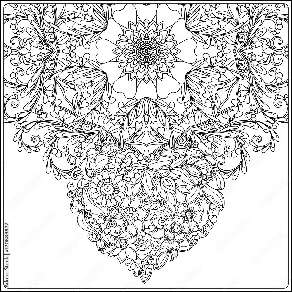 Hand drawn floral mandala with butterflies and decorative Love Heart.  Adult coloring book.