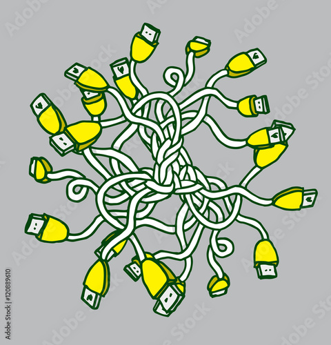 Tangled usb cables joined as medusa