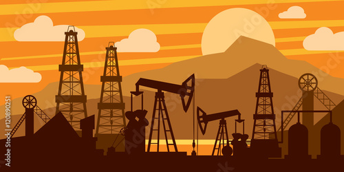 Oil platform concept. Oil derricks and pumps on an orange background