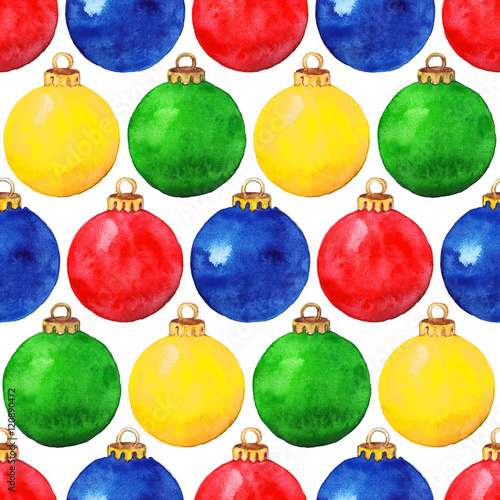 Watercolor red green blue yellow Christmas ball seamless pattern texture
