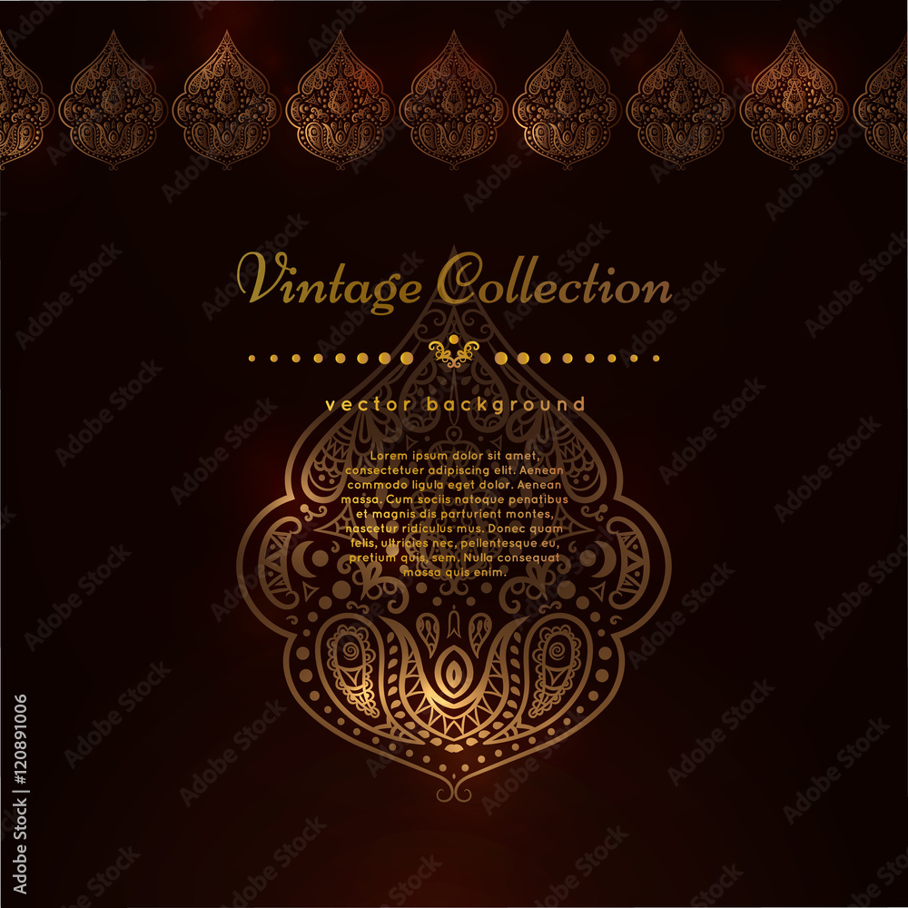 Ornate vector border and place for your chocolate design. Vintage ornate cards in oriental style. Golden Eastern floral decor. Template frame for greeting card and wedding invitation