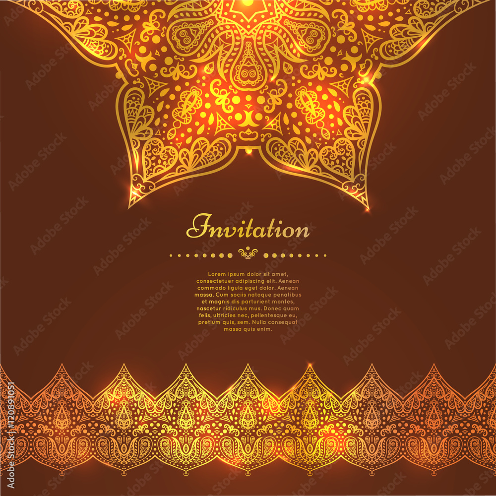 Gold Card or invitation with Mandala and seamless border. Vector hand-drawn highly detailed round mandala elements. Luxury lace festive ornament card. Islam, Arabic, Indian, Turkish, Ottoman, motifs Gold Card or invitation with Mandala and seamless border. Vector hand-drawn highly detailed round mandala elements. Luxury lace festive ornament card. Islam, Arabic, Indian, Turkish, Ottoman, motifs