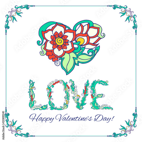 Greeting card with decorative  Love Heart in floral frame. photo