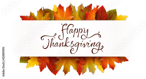 Happy thanksgiving lettering with autumn leaves