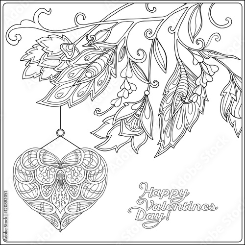 Decorative Love heart and vintage flowers card for Valentine's Day. Adult coloring page. photo