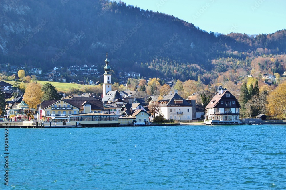 At lake Wolfgangsee in autumn, Austria, Europe. View of the town St. Gilgen.