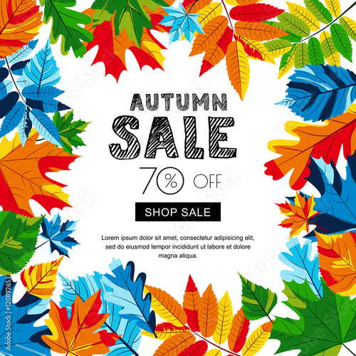 Autumn sale banners with multicolor autumn leaves and hand drawn sketch lette...