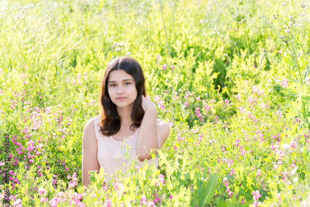 Modest well-groomed girl on summer meadow Modest well-groomed girl on summer meadow