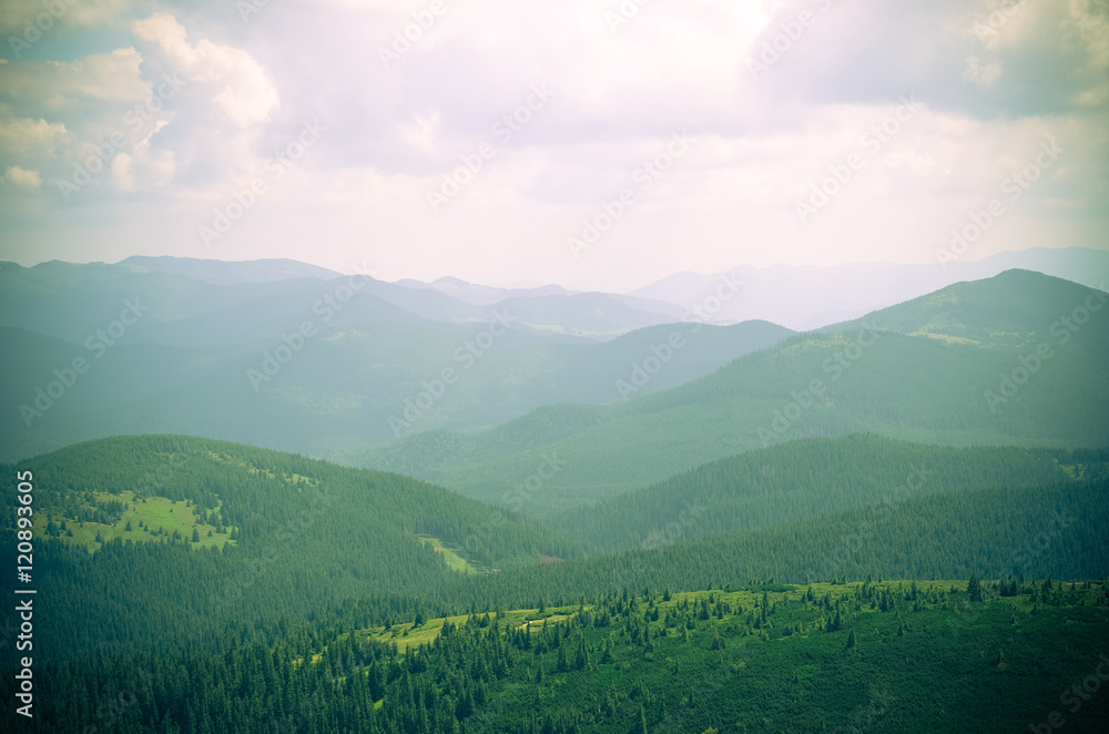 Obraz premium Summer landscape in mountains and the dark blue sky with clouds