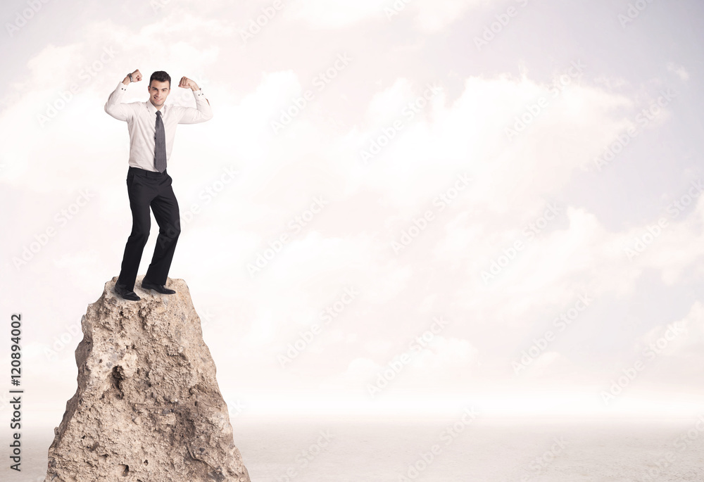 Happy businessman standing on cliff Happy businessman standing on cliff