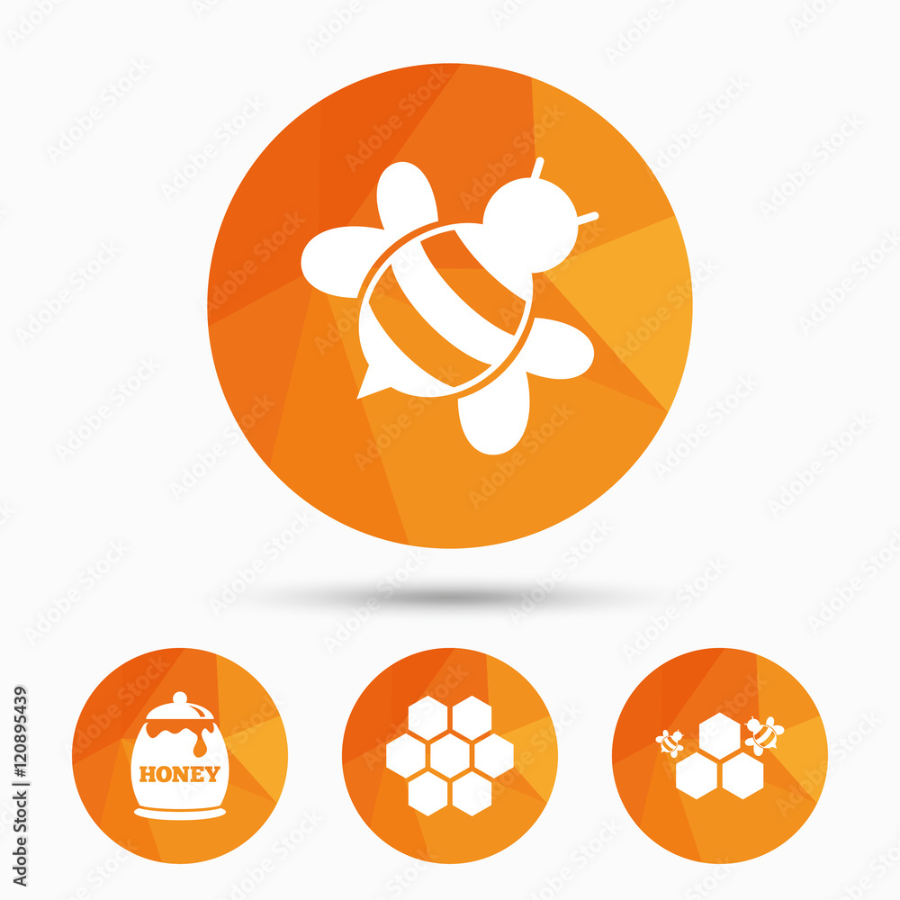 Honey icon. Honeycomb cells with bees symbol. Honey icon. Honeycomb cells with bees symbol.
