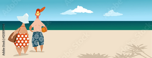 Mature couple standing at the beach, looking at the beautiful seascape, copy space left, EPS 8 vector illustration, no transparencies photo