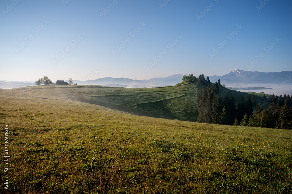 beautiful rural landscape with  mountain view on horizon  and bl