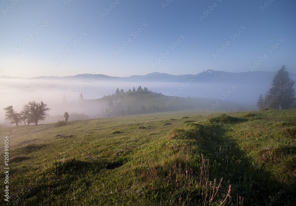 beautiful rural landscape with  mountain view on horizon  and blue sky