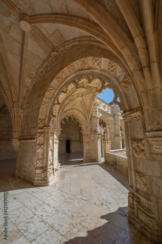 Cloister view of the Jeronimos Monastery in Lisbon, Portugal