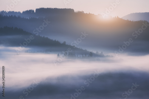 beautiful landscape with mountain veiw and morning fog on sunrise © ver0nicka