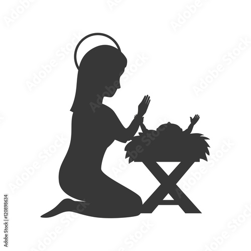 Traditional Christian Christmas Nativity Scene of baby Jesus in the manger with Mary in silhouette. vector illustration